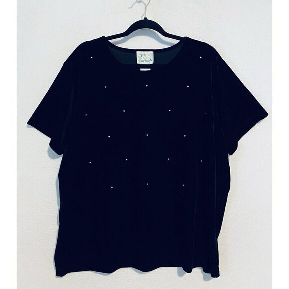 Quacker Factory Tops - Quacker Factory Top Womens 1X Black Velvet Sparkle Rhinestone Short Sleeve